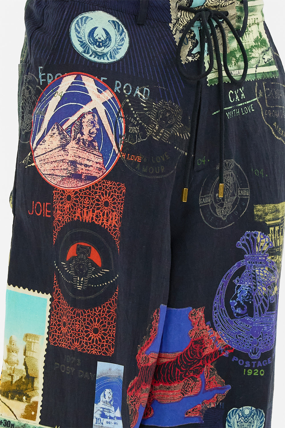 Hotel Franks By CAMILLA black relaxed dropped crotch pant in Landmark and Love Letters print.