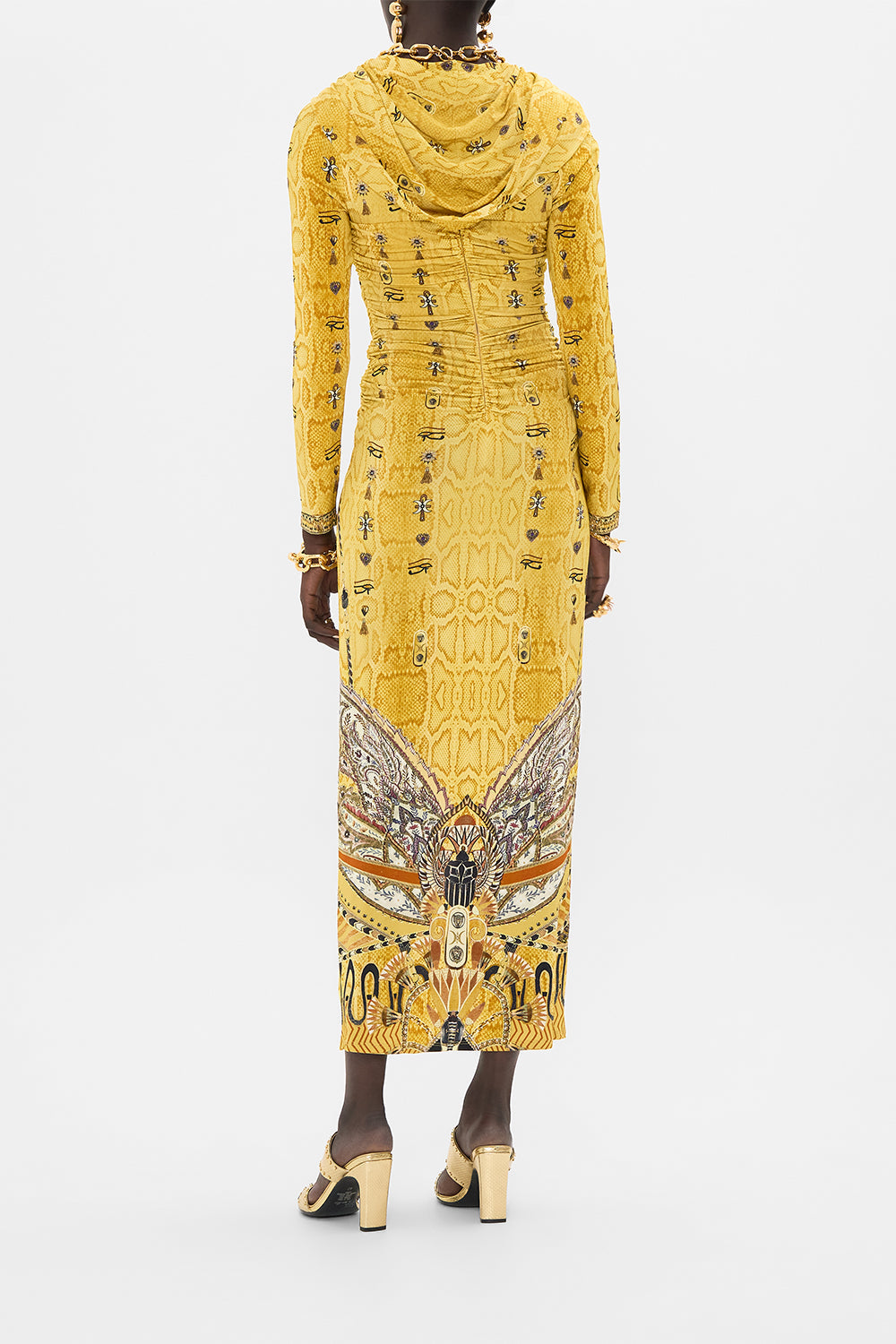 CAMILLA Gold Twist Front Jersey Hooded Dress in Valley of the Kings Print