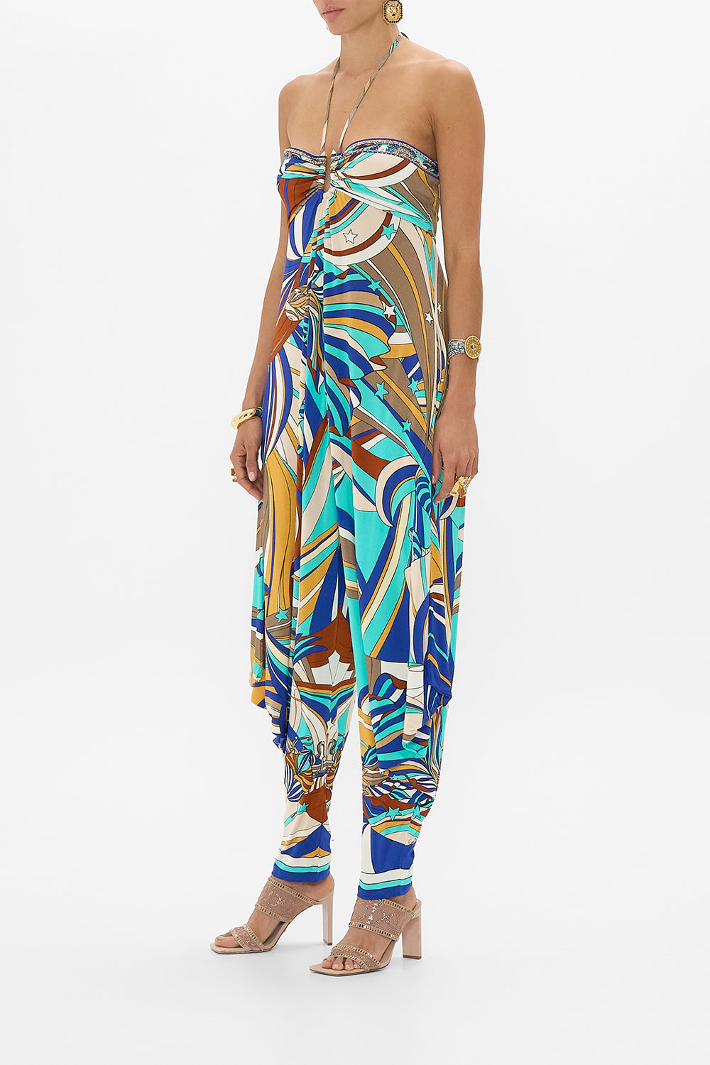 CAMILLA Jersey Draped Pant Jumpsuit in Oasis Oracle print.