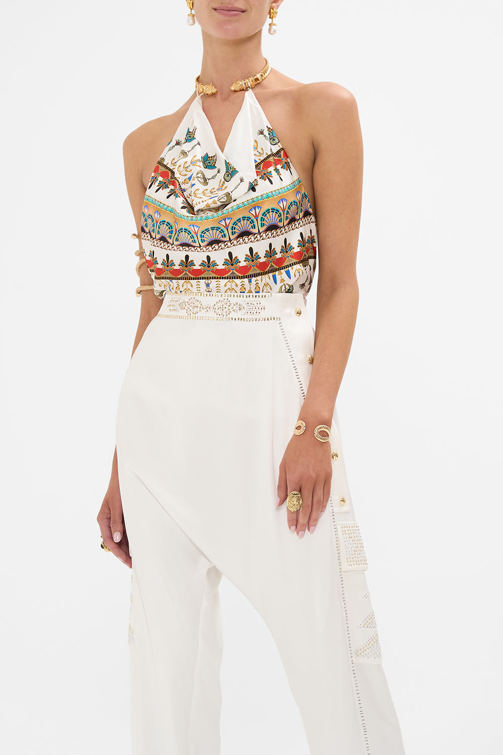 CAMILLA Draped Top with Hardware in Valley Of The Queens print