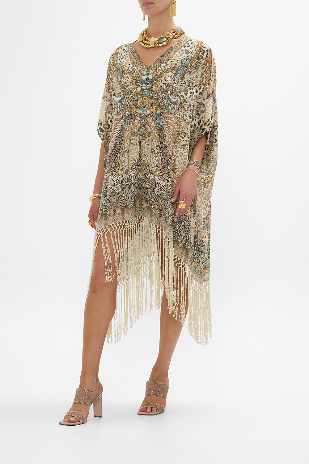 CAMILLA Rectangular V Neck Kaftan with Fringing in The Throne Room print