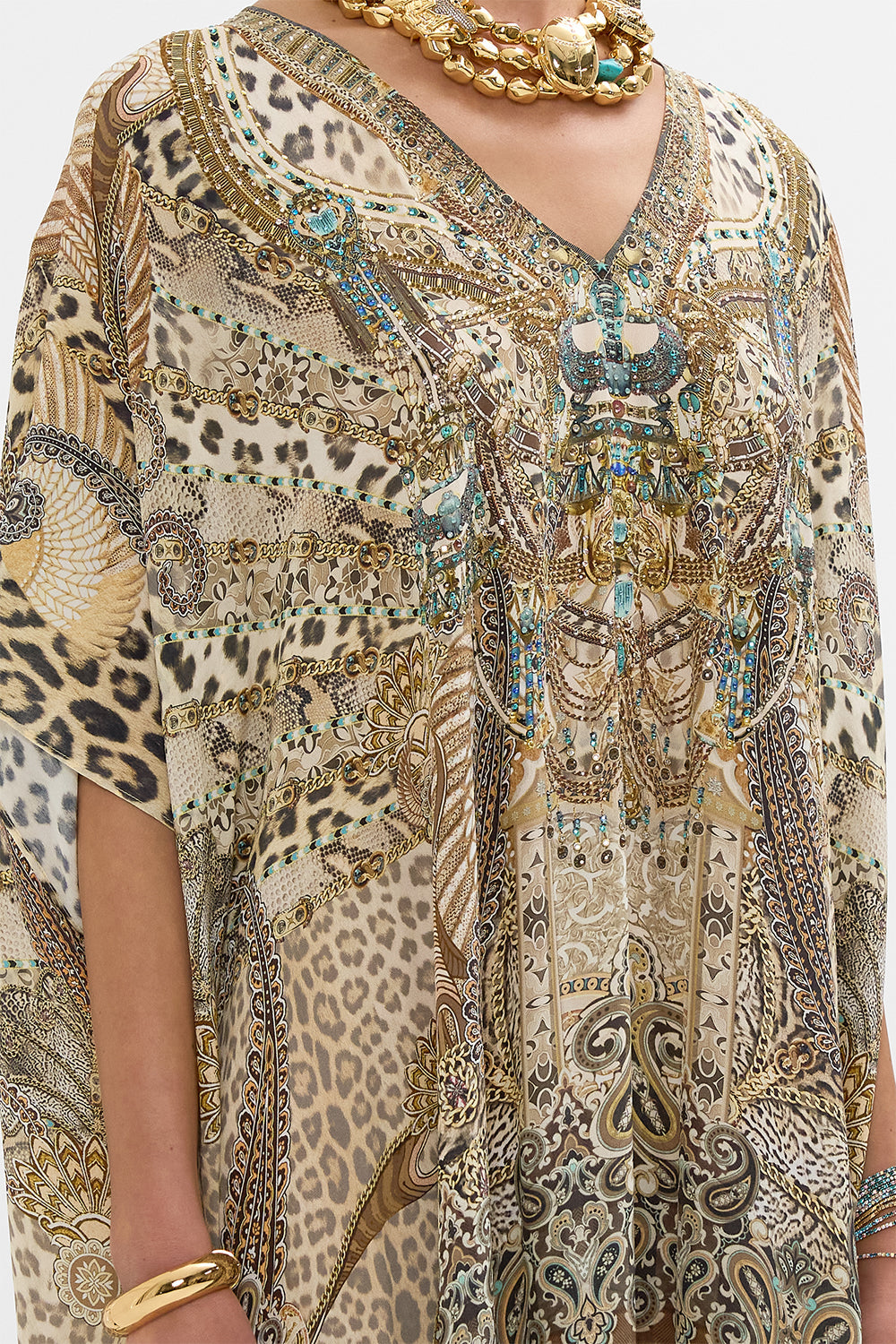 CAMILLA Rectangular V Neck Kaftan with Fringing in The Throne Room print