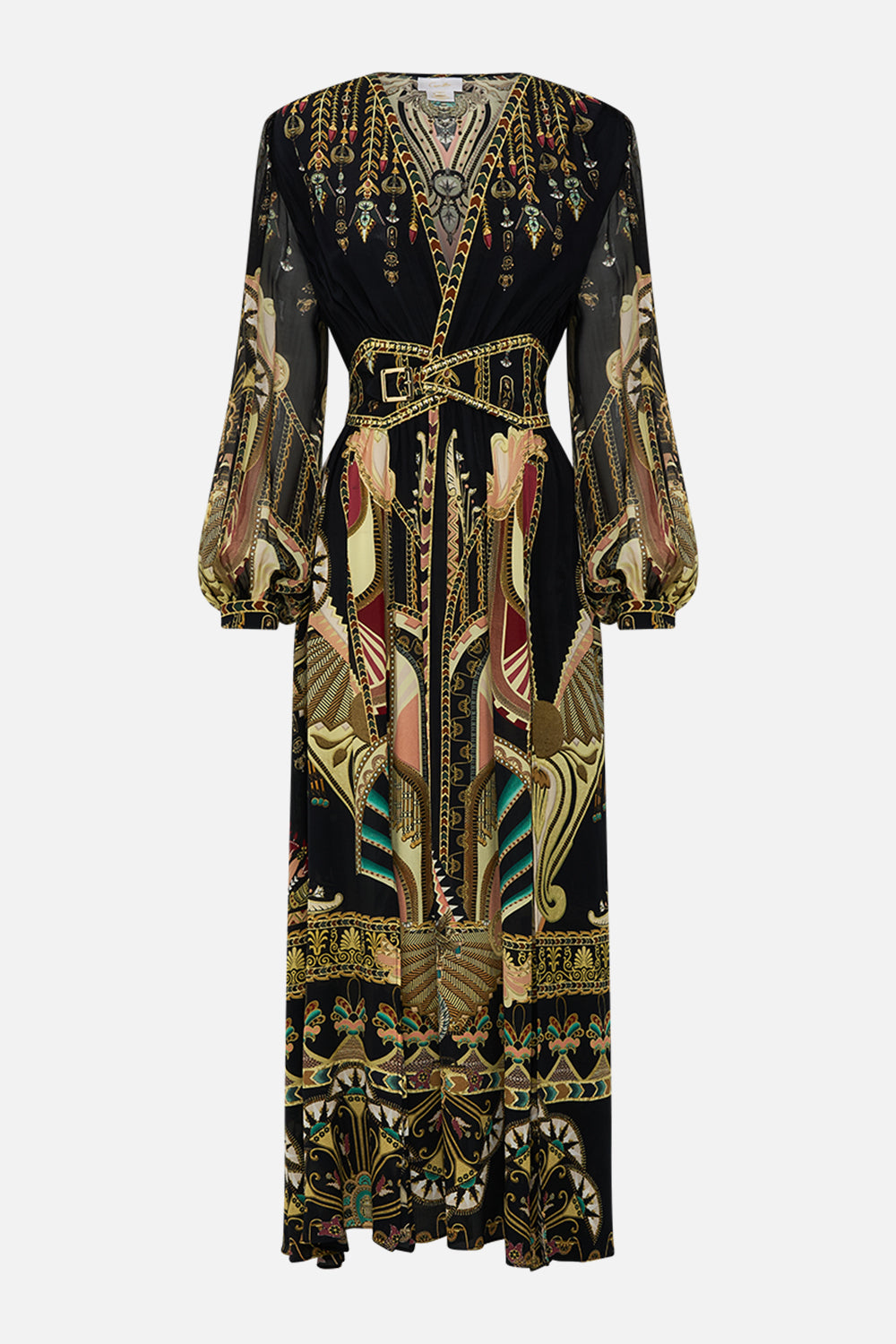 CAMILLA Black/Gold Peaked Waistband Long Dress in They Called Her Nefertari print
