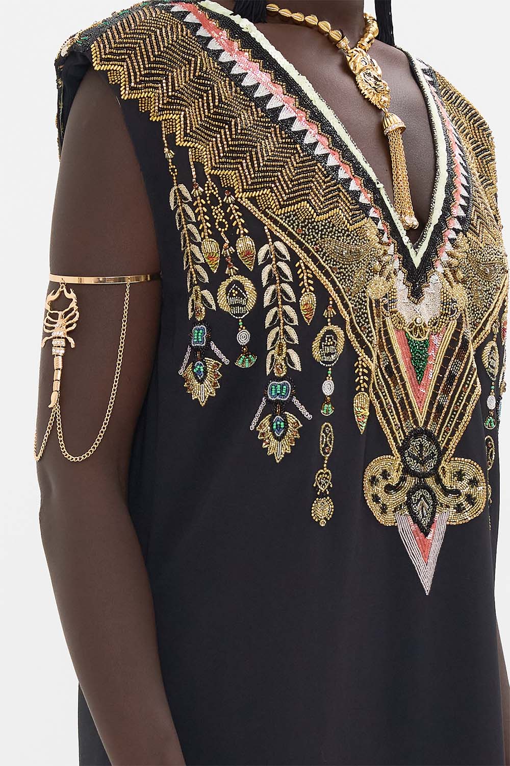 CAMILLA Black/Gold Hand Embellished Shift Dress in They Called Her Nefertari print