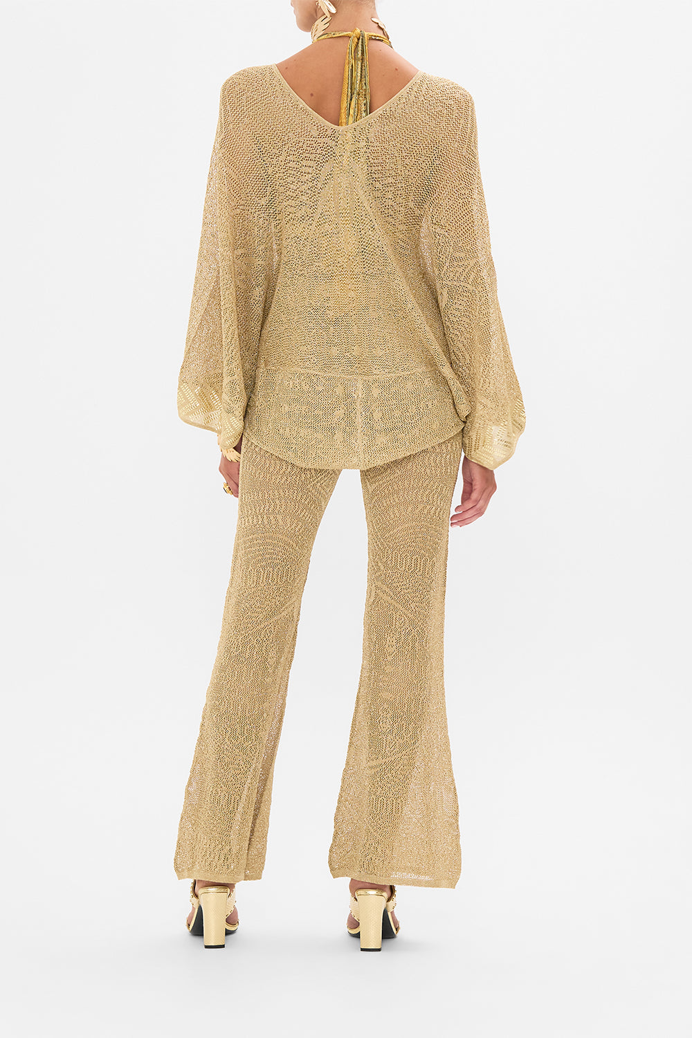 Hotel Franks by CAMILLA Gold Relaxed V-Neck Knit Pointelle Top in Valley of the Kings Print