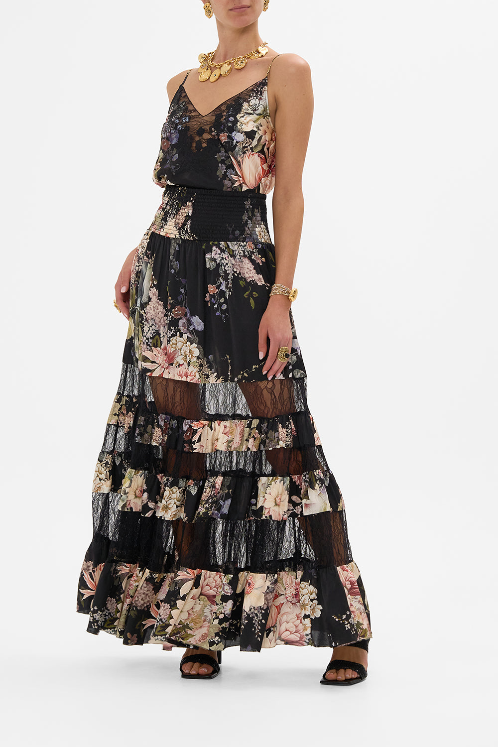 CAMILLA maxi skirt with lace inserts in Dyansty Daze print.