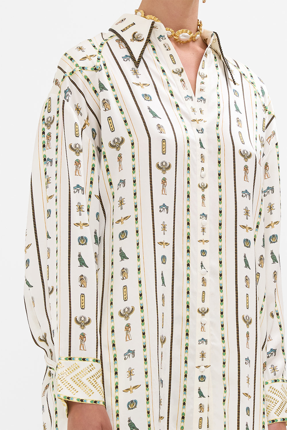 CAMILLA Long Line Shirt with Yoke and Button Detail in Valley Of The Queens print