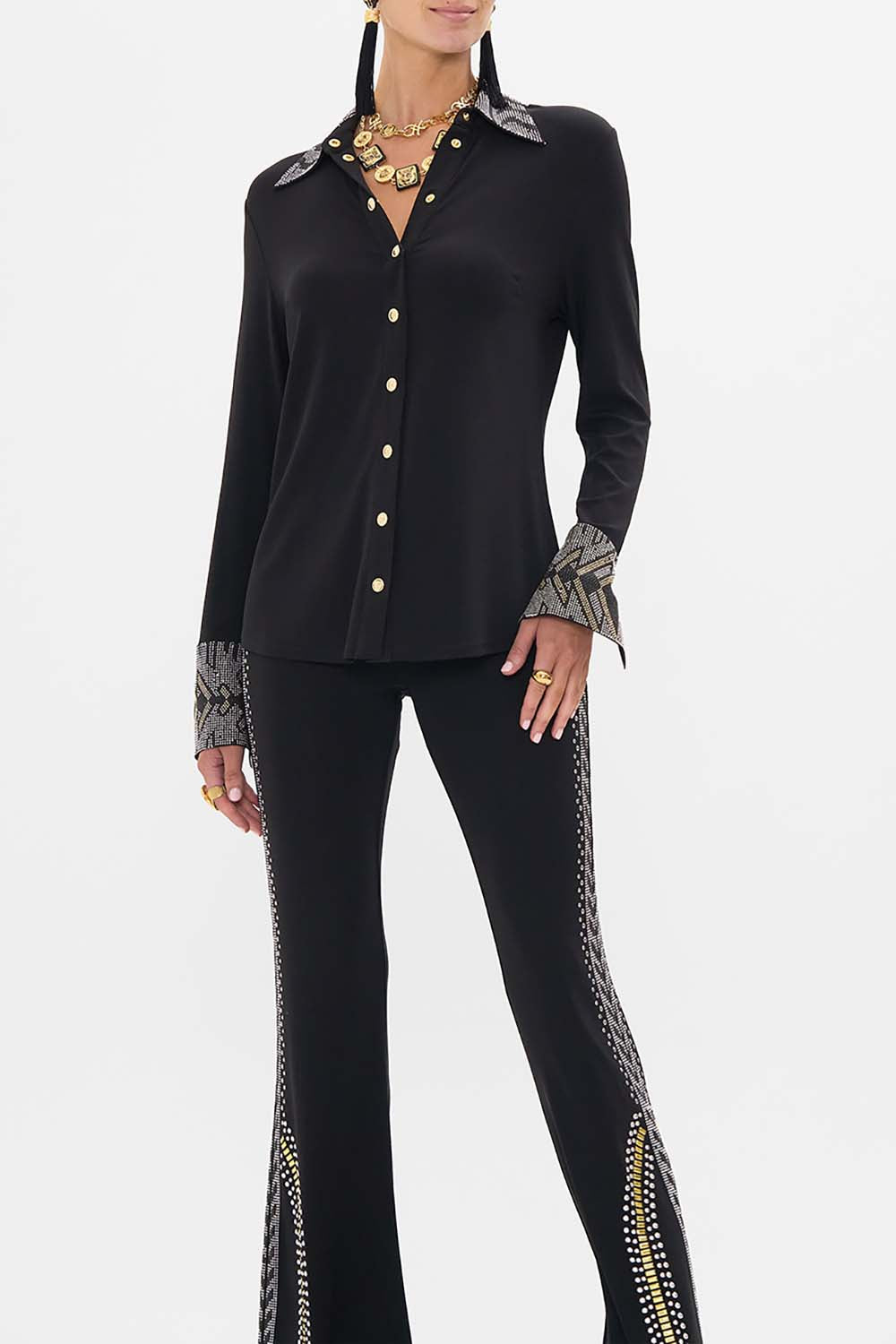 CAMILLA Black Fitted Jersey Shirt in They Called Her Nefertari print.