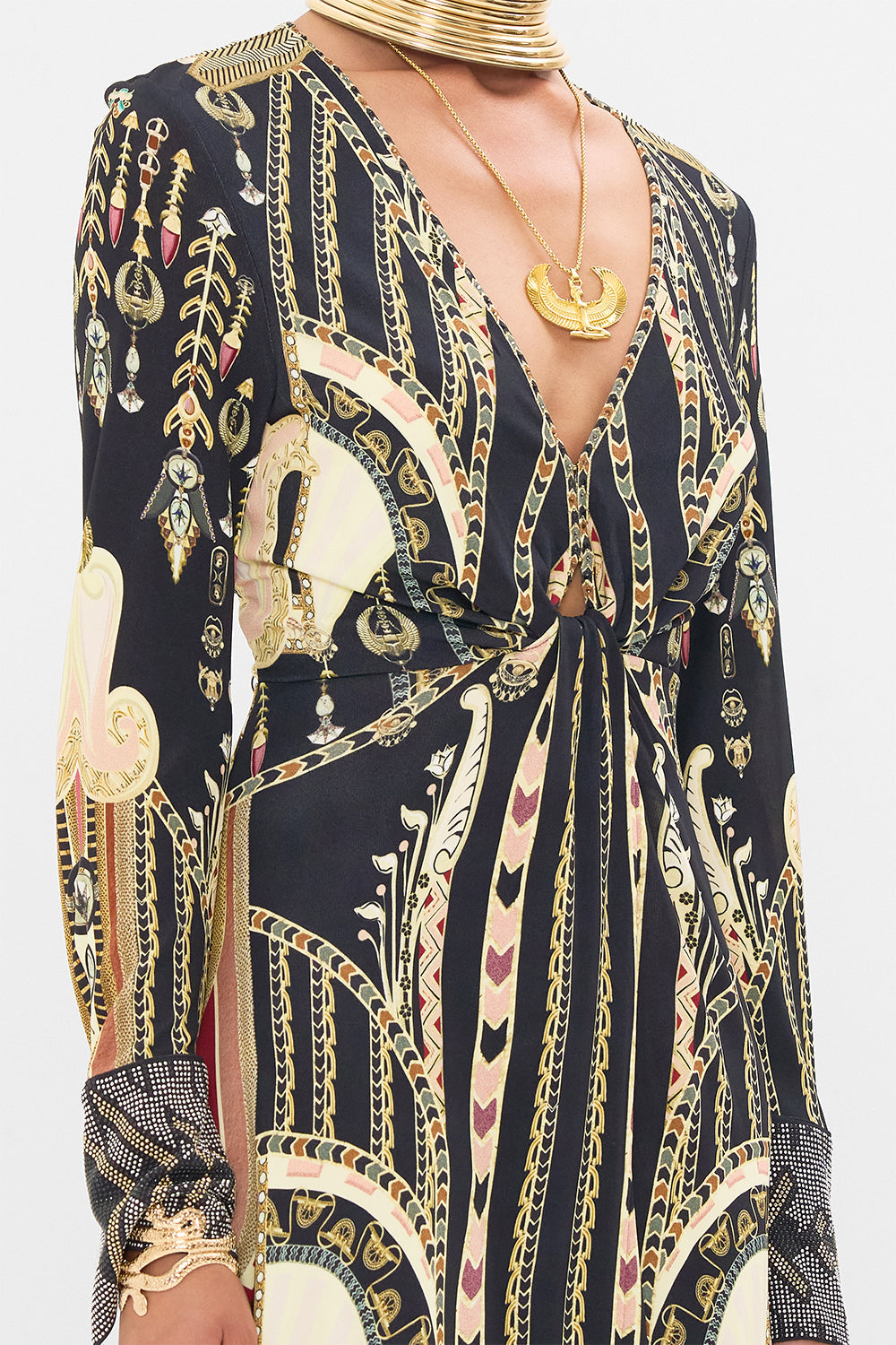 CAMILLA Long V-Neck Twist Front Jersey Dress in They Called Her Nefertari print