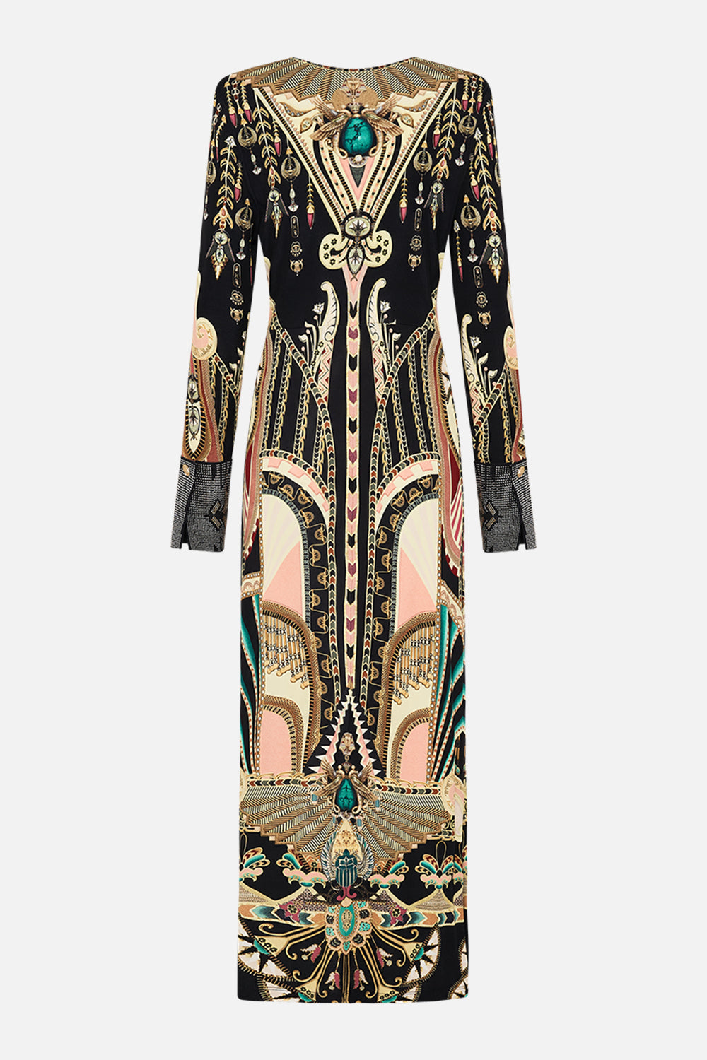 CAMILLA Long V-Neck Twist Front Jersey Dress in They Called Her Nefertari print