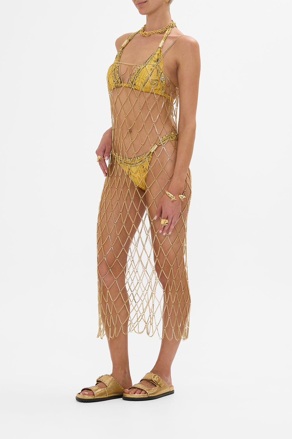 CAMILLA Gold Square Neck Midi Dress in Valley of the Kings Print