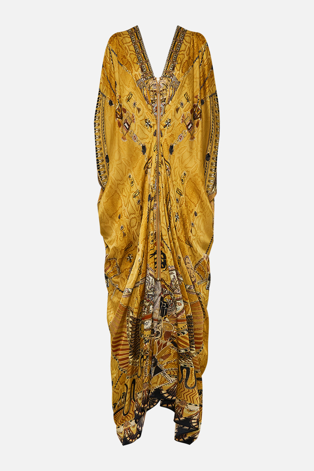 CAMILLA Gold Long Drape Dress with Zip Front in Valley of the Kings Print