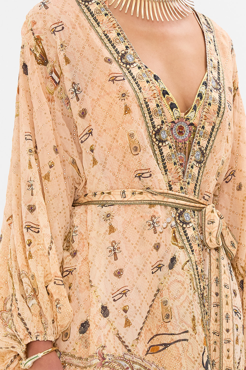 CAMILLA Gold Blouson Sleeve Embellished Layer in Kingdom of Hieroglyphs Print