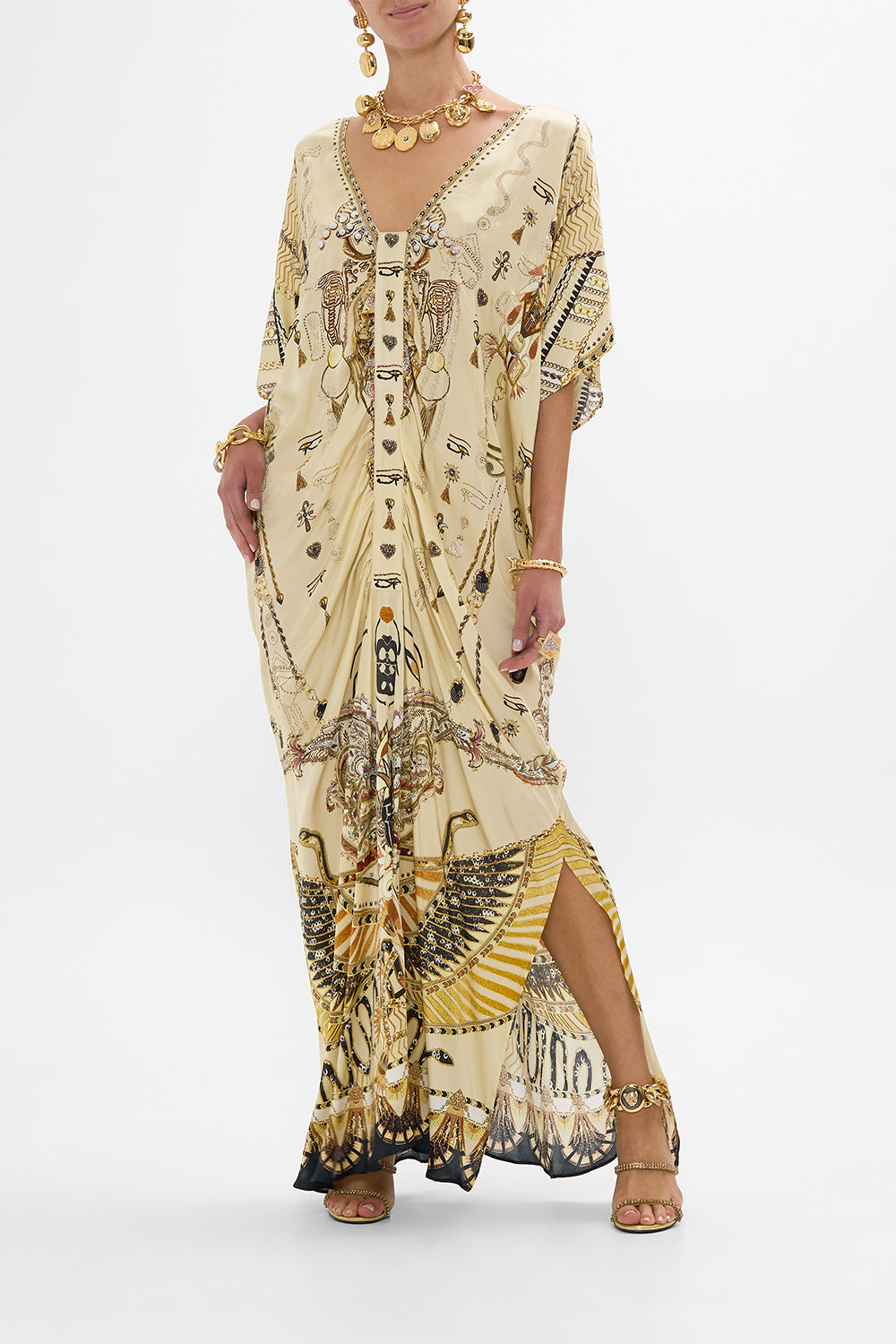 CAMILLA Gold Kaftan with Front Tab Detail in Gateway to the Afterlife Print