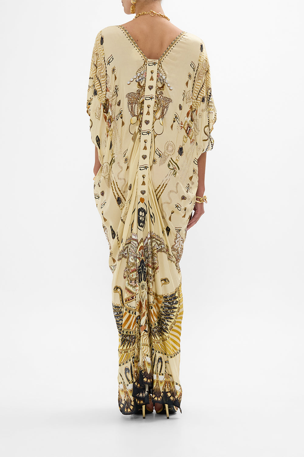 CAMILLA Gold Kaftan with Front Tab Detail in Gateway to the Afterlife Print