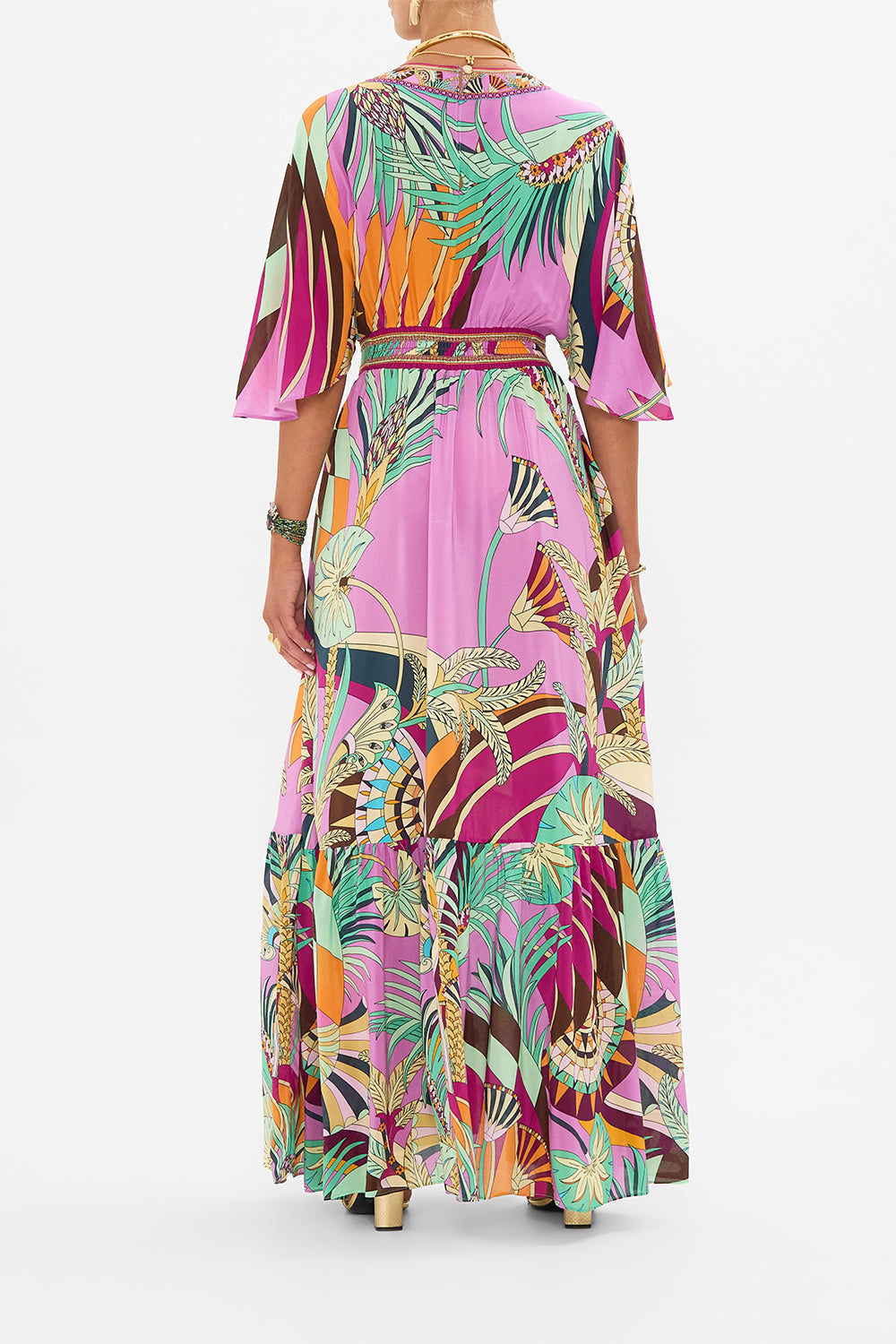 CAMILLA Waisted Dress With Hem Ruffle in Giza Goddess print.