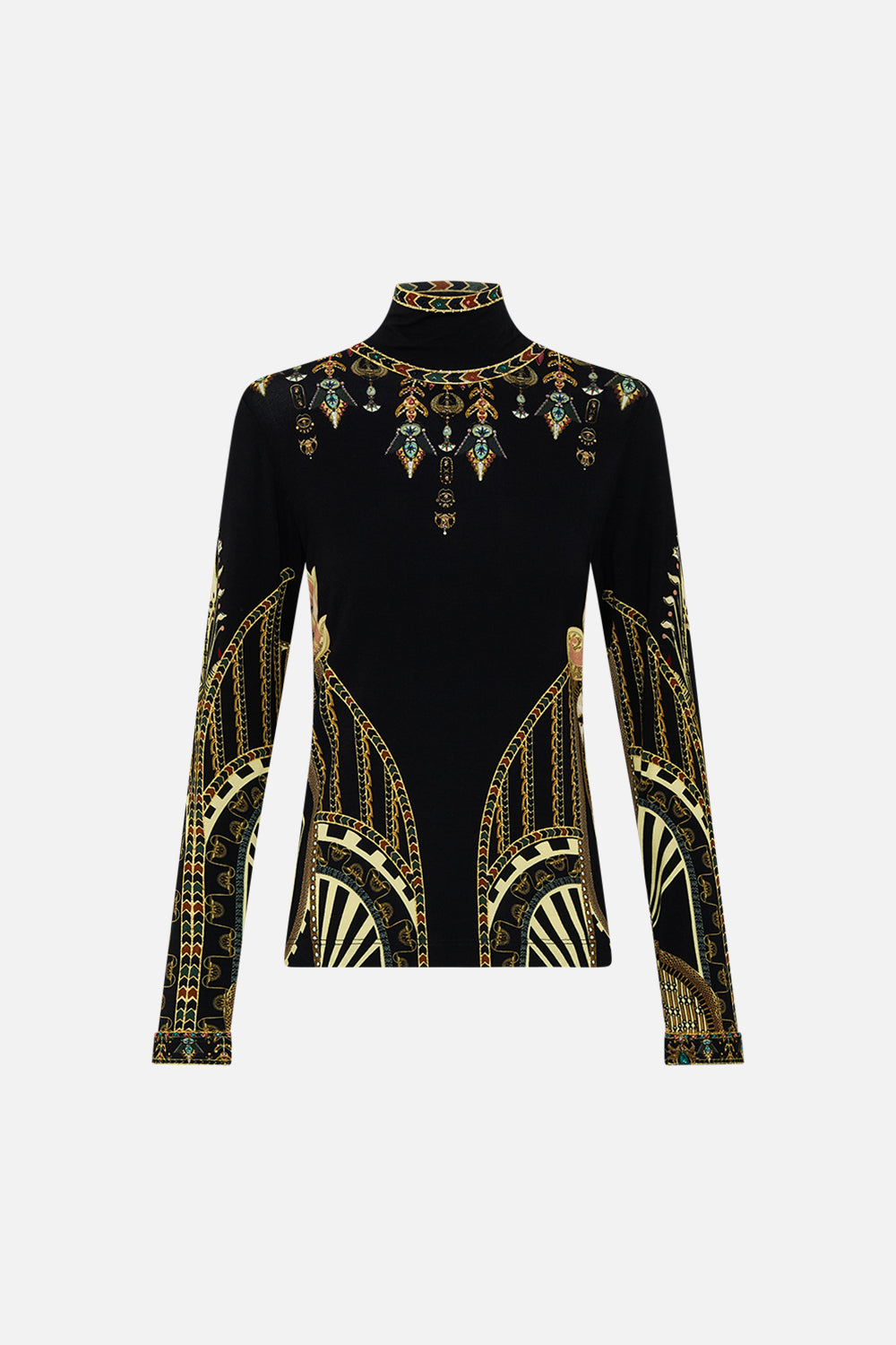 CAMILLA Black/Gold Jersey Turtleneck in They Called Her Nefertari print