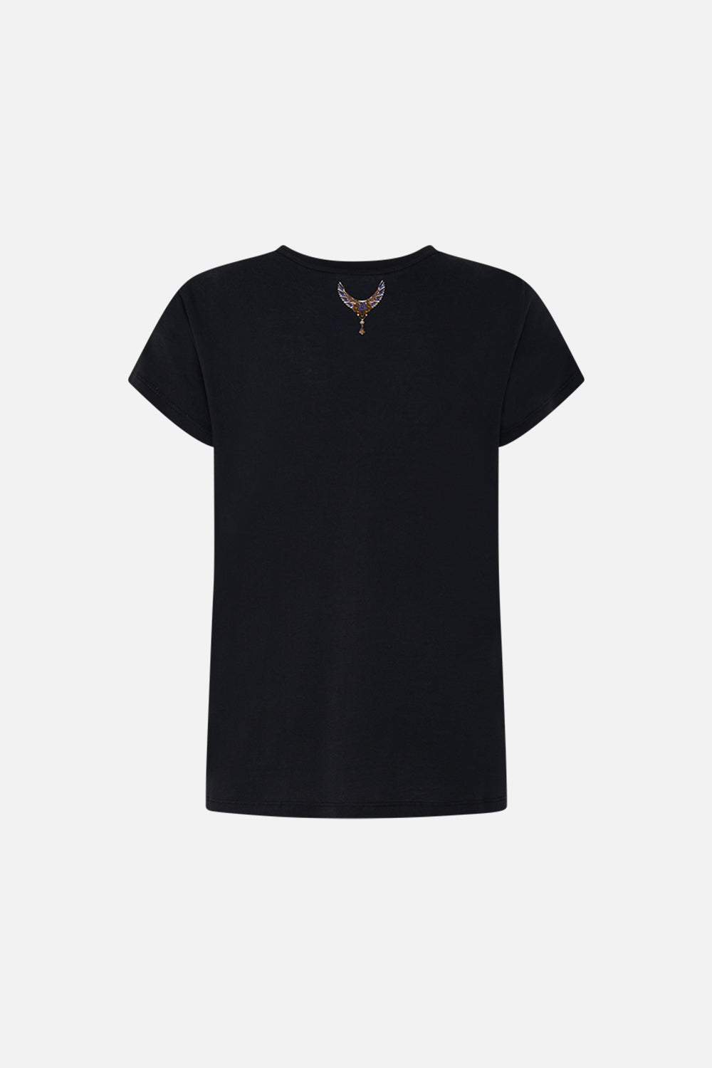 CAMILLA Black Slim Fit Round Neck T Shirt in My Fair Pharaoh print.