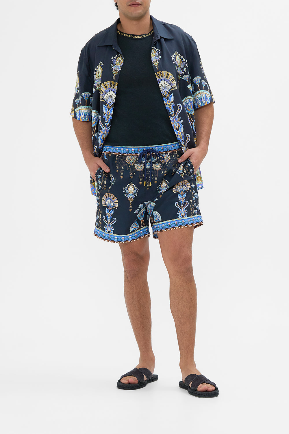 Hotel Franks By CAMILLA Black mid length boardshort in Under Scarab Skies print.