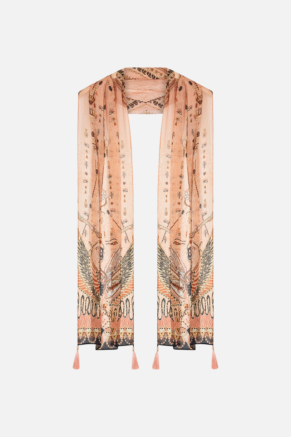 CAMILLA Gold Long Scarf in Kingdom of Hieroglyphs Print