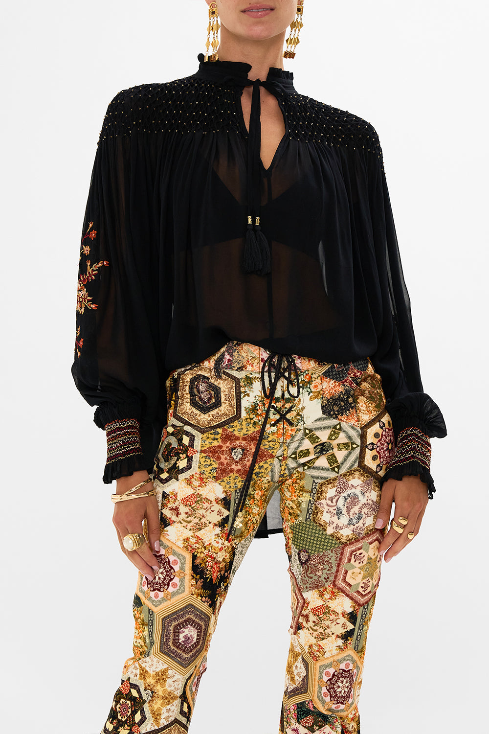 CAMILLA floral Blouson Sleeve Smocked Blouse in Stitched in Time