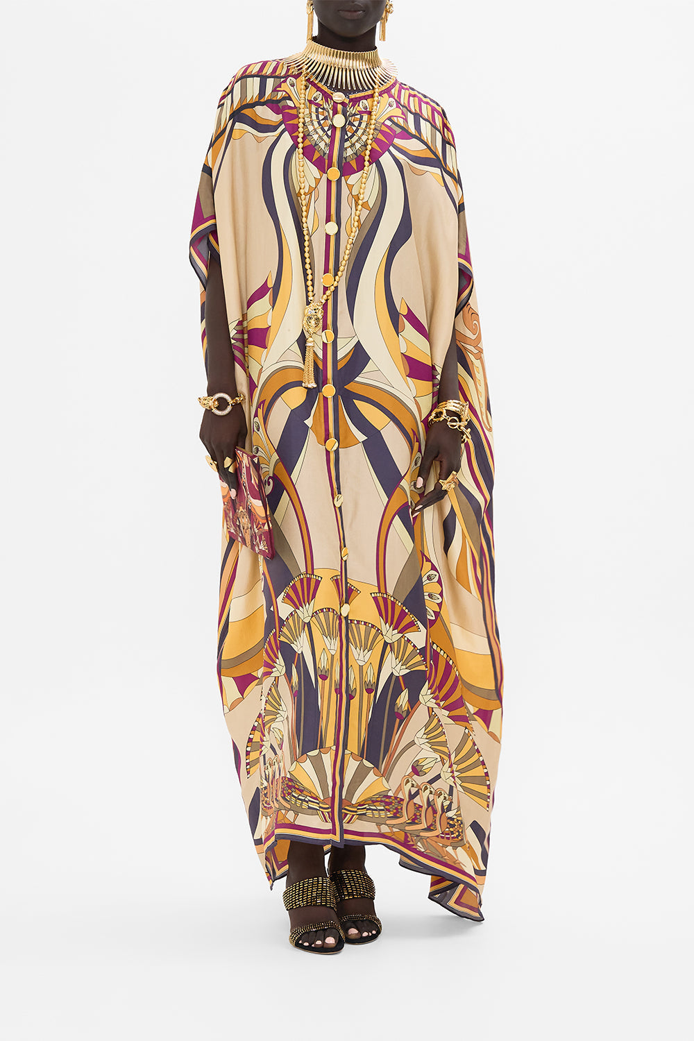 CAMILLA Button Through Batwing Kaftan Dress in Desert Delerium print.