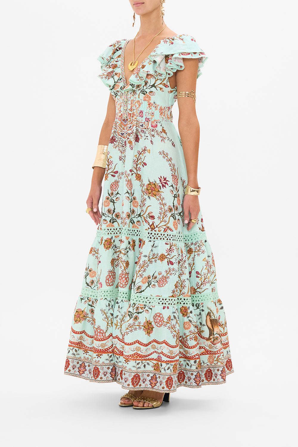 CAMILLA Tiered Dress with Neck Frill in Weaving Worlds print