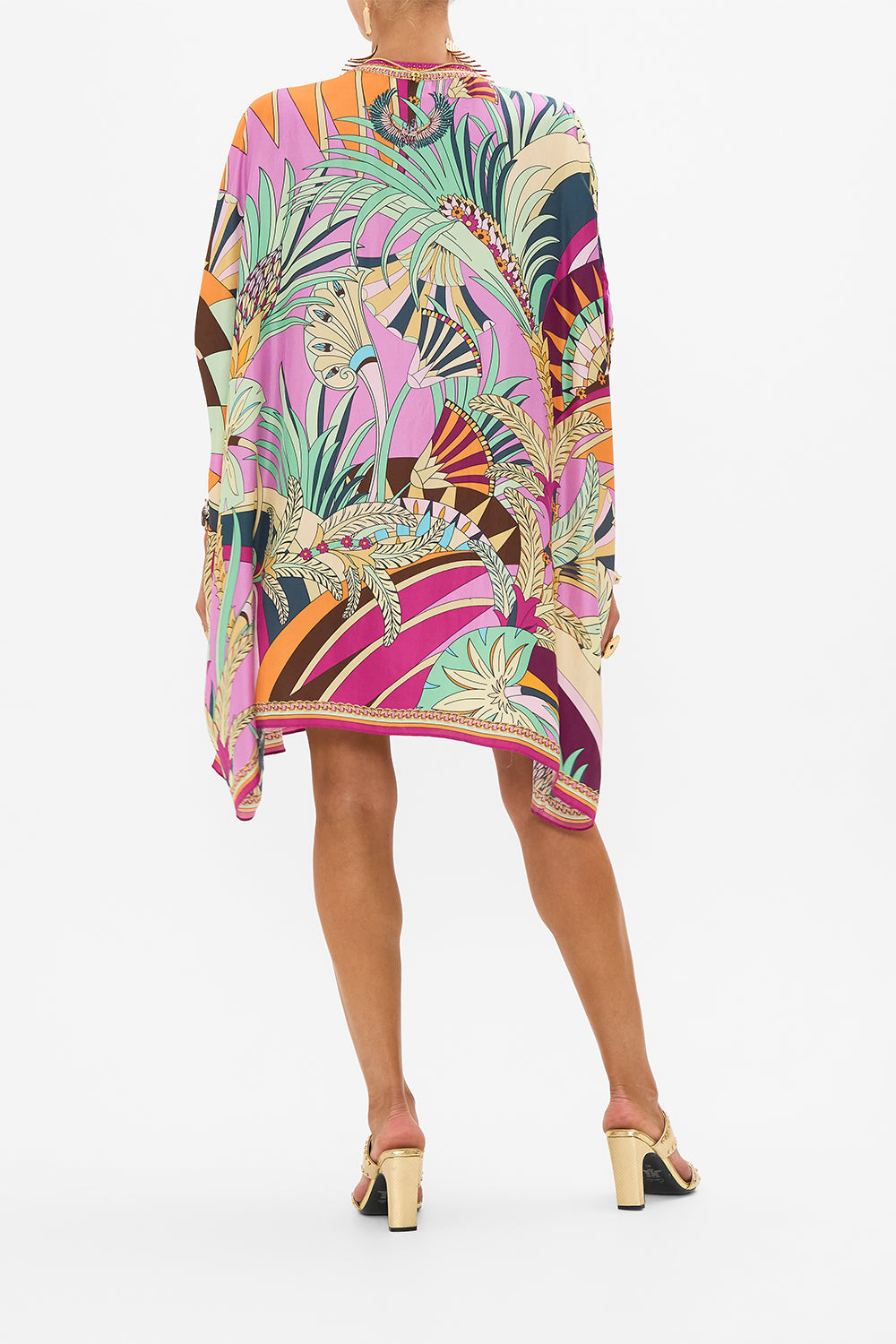 CAMILLA Button Through Batwing Short Kaftan in Giza Goddess Print.