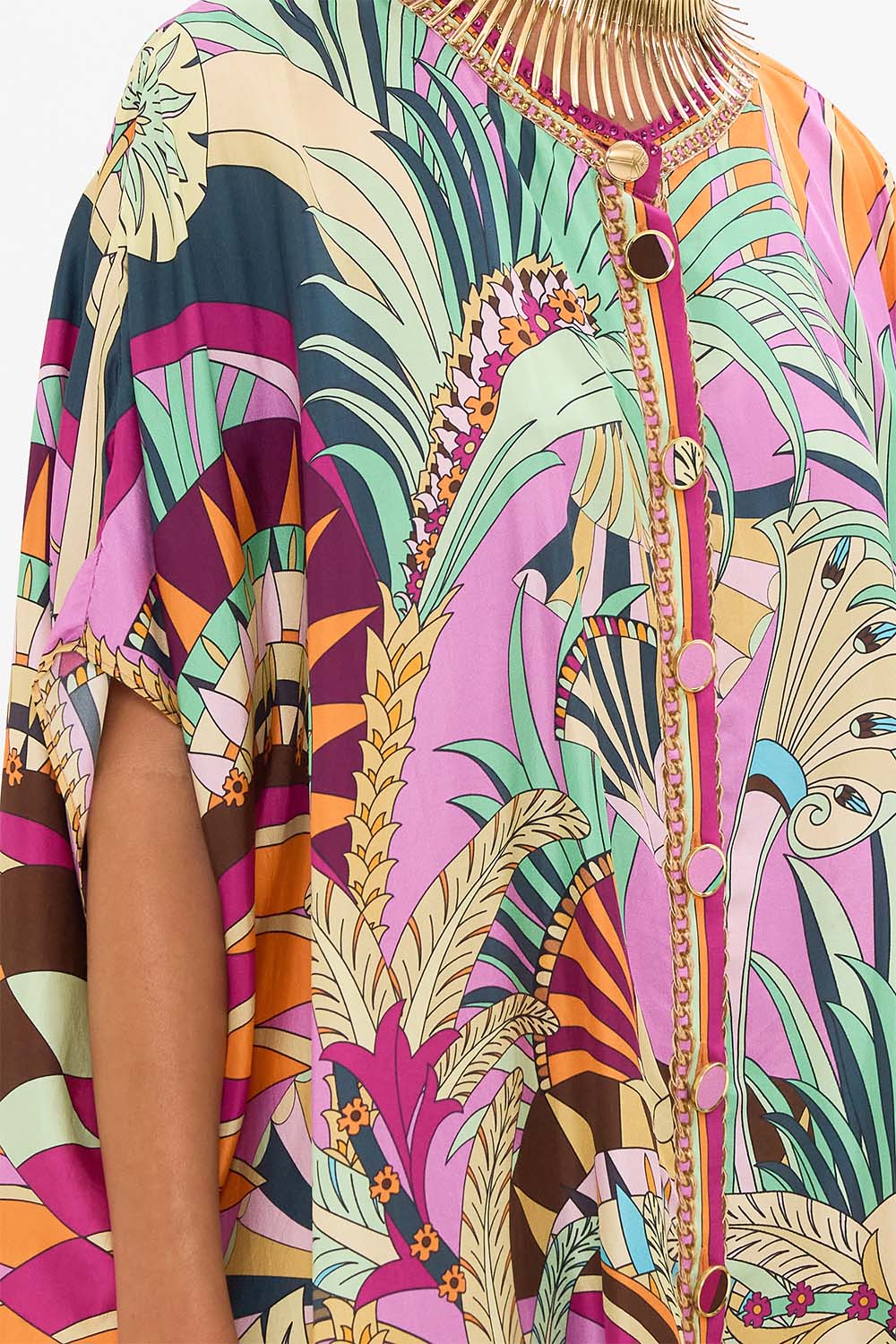 CAMILLA Button Through Batwing Short Kaftan in Giza Goddess Print.