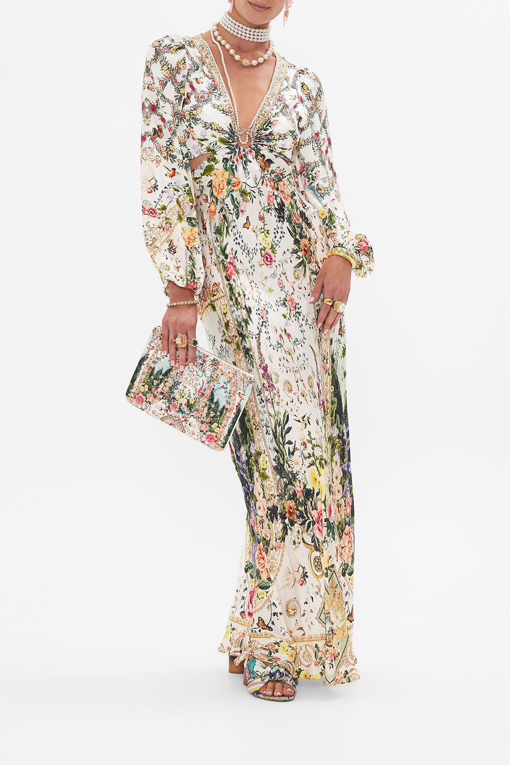 CAMILLA floral print clutch in Renaissance Romance print