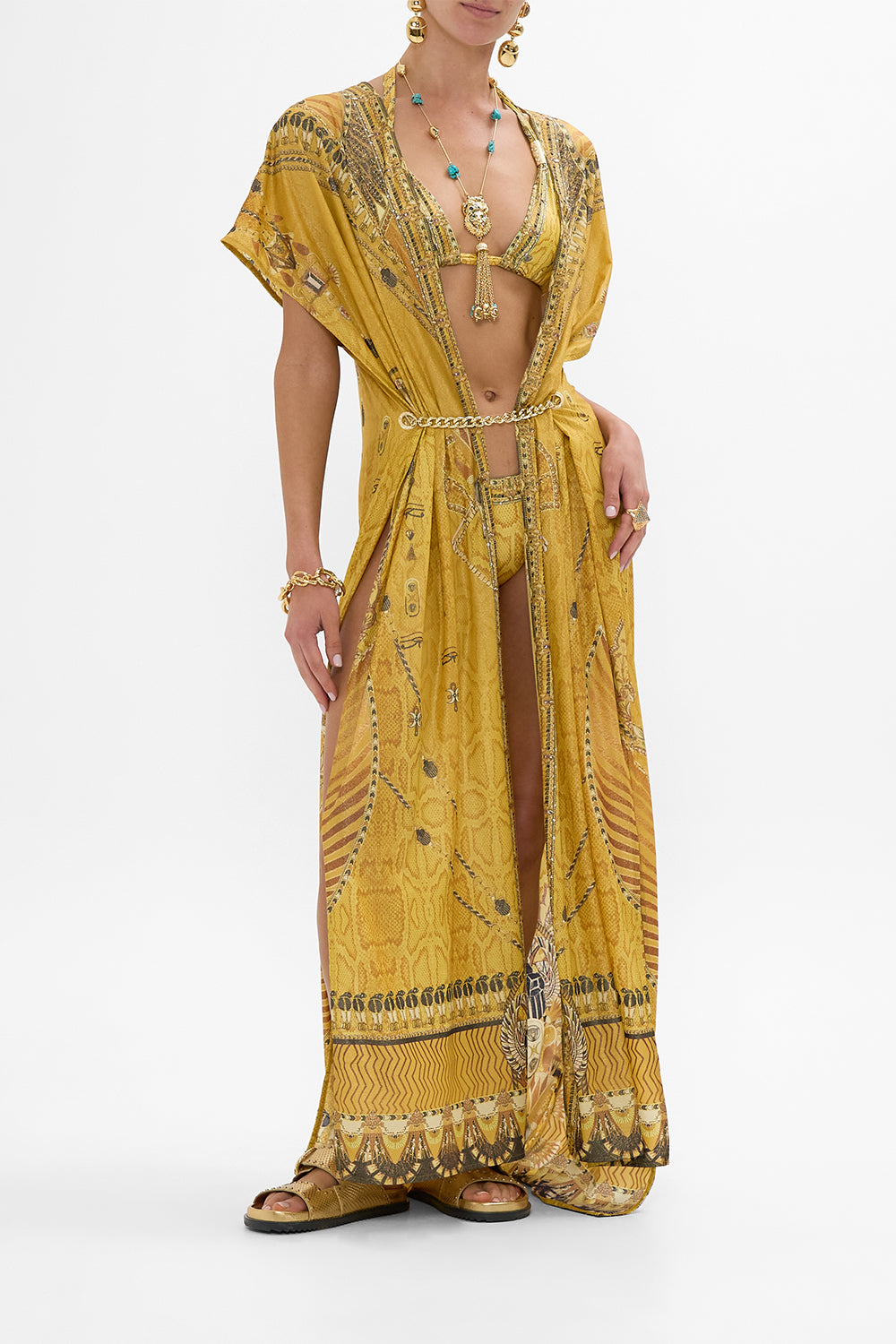 CAMILLA Gold Cover-Up with Front Splits in Valley of the Kings Print