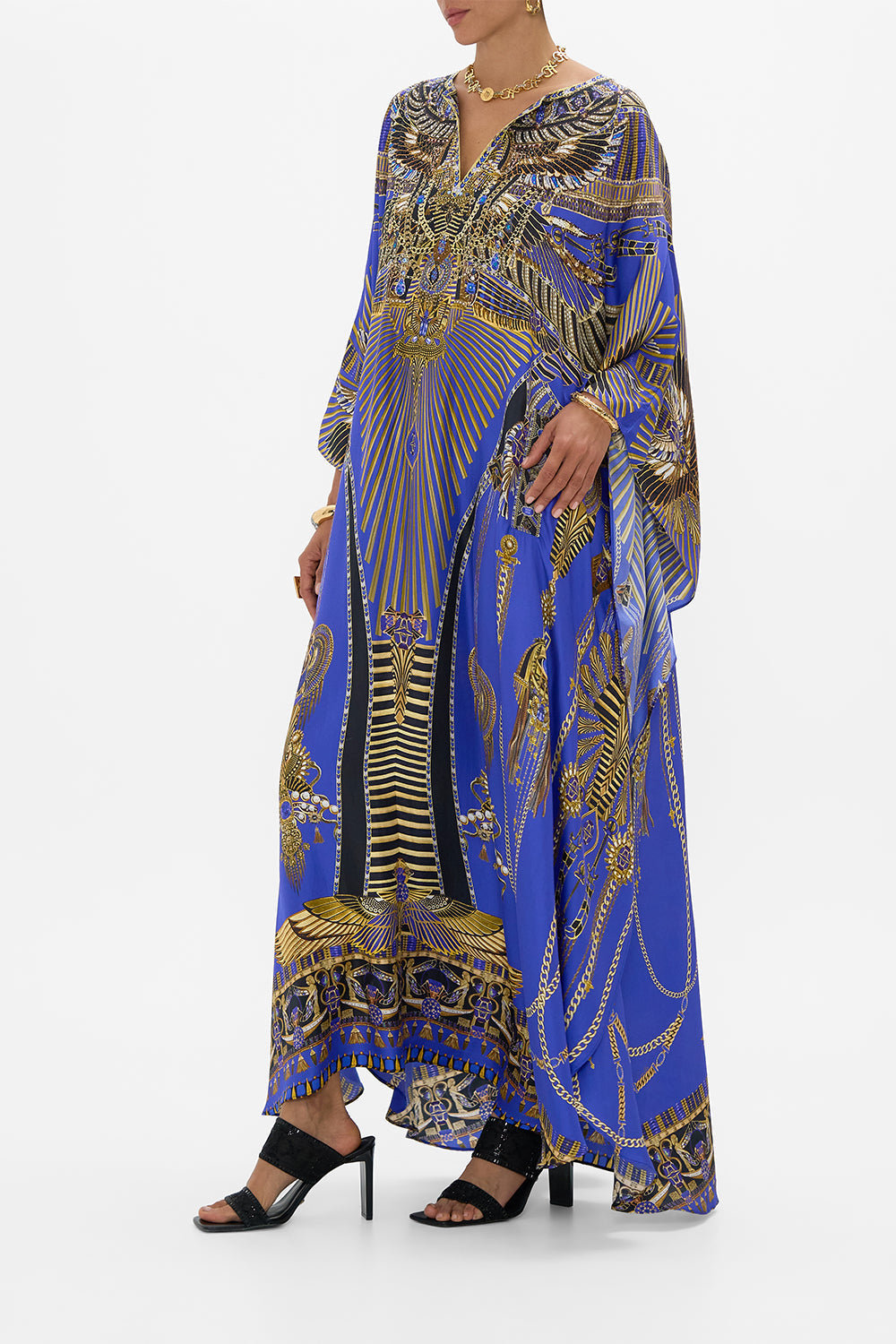 CAMILLA V Neck Kaftan With Front Welt Pockets in My Fair Pharaoh print.