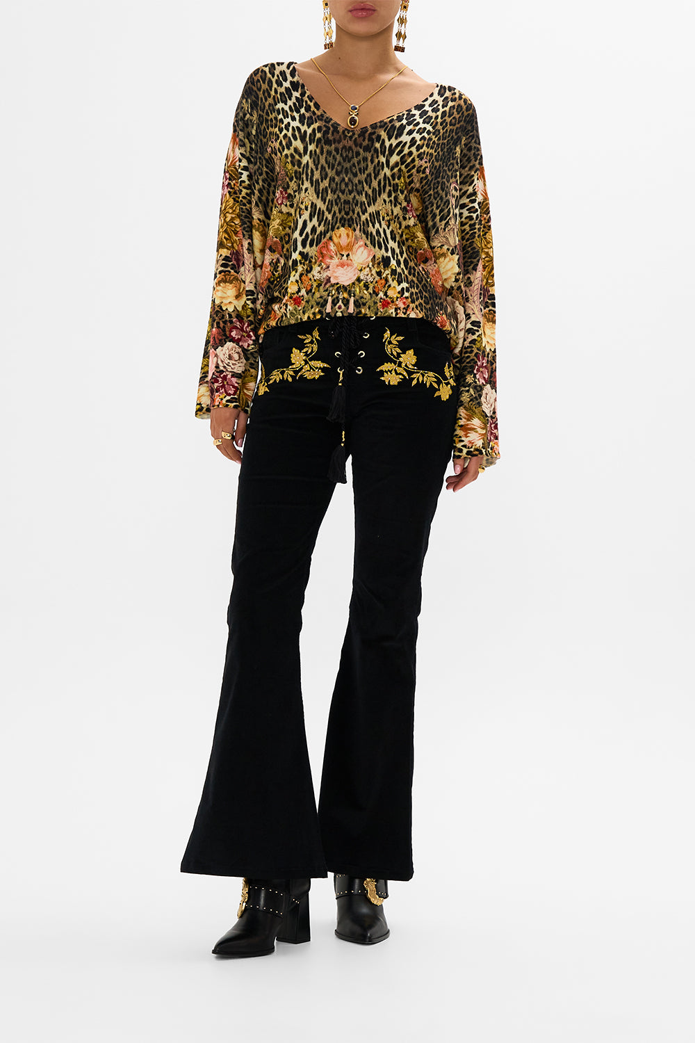 CAMILLA Leopard V-Neck Printed Dolman Sleeve Knit in Born in Bruges