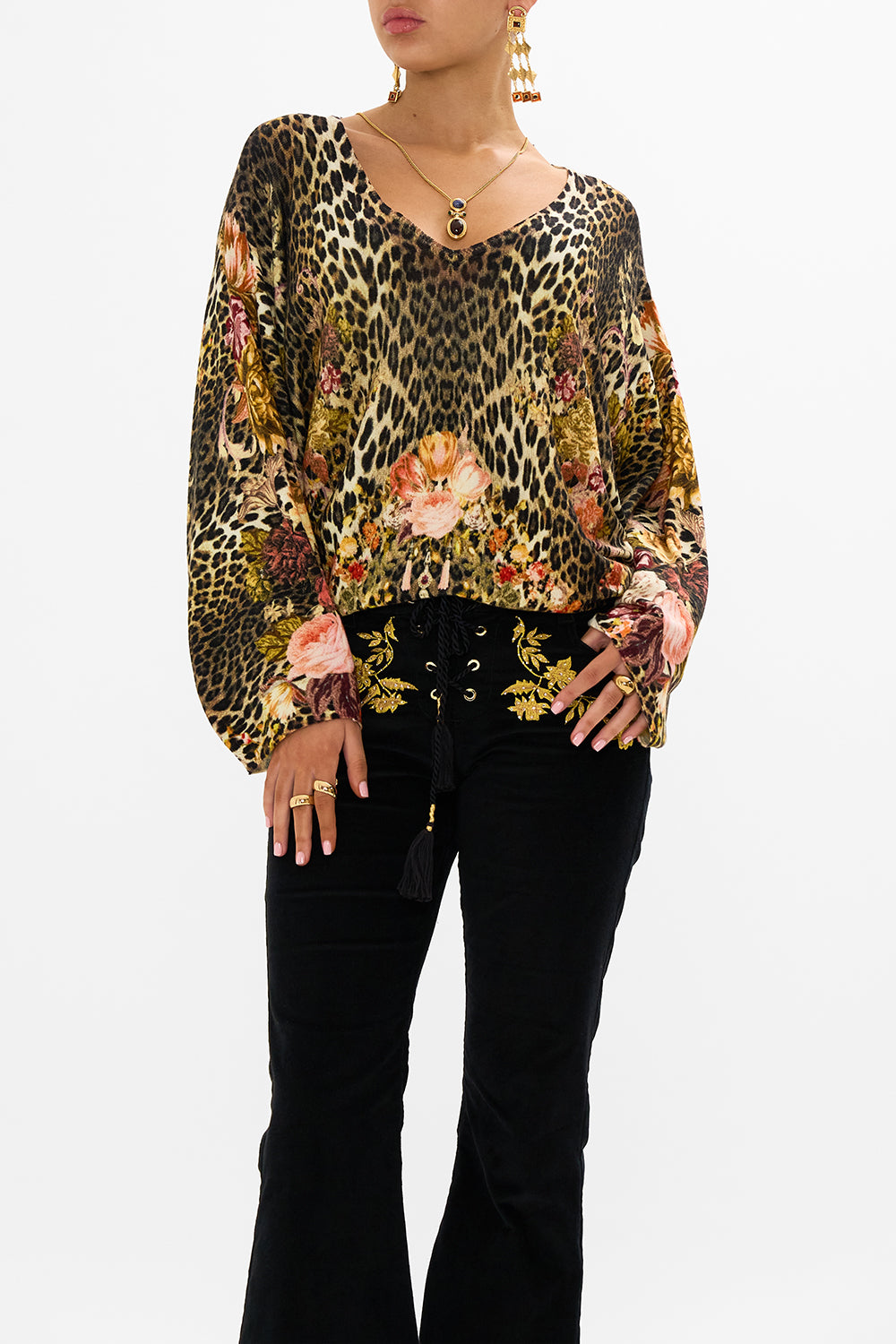 CAMILLA Leopard V-Neck Printed Dolman Sleeve Knit in Born in Bruges