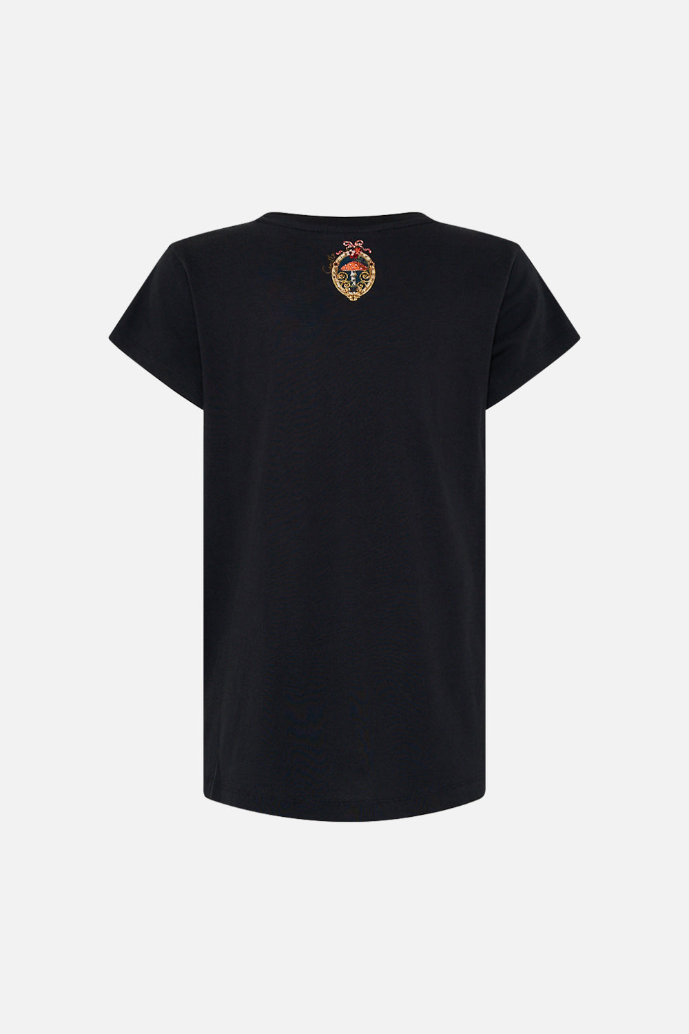 CAMILLA Black Curved Hem Fitted Tee in Tapestry Totems