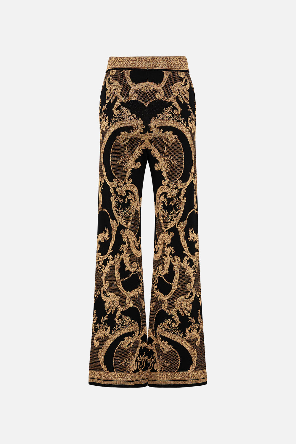 CAMILLA Black Flared Jacquard Knit Pant in Magic in the Manuscripts print
