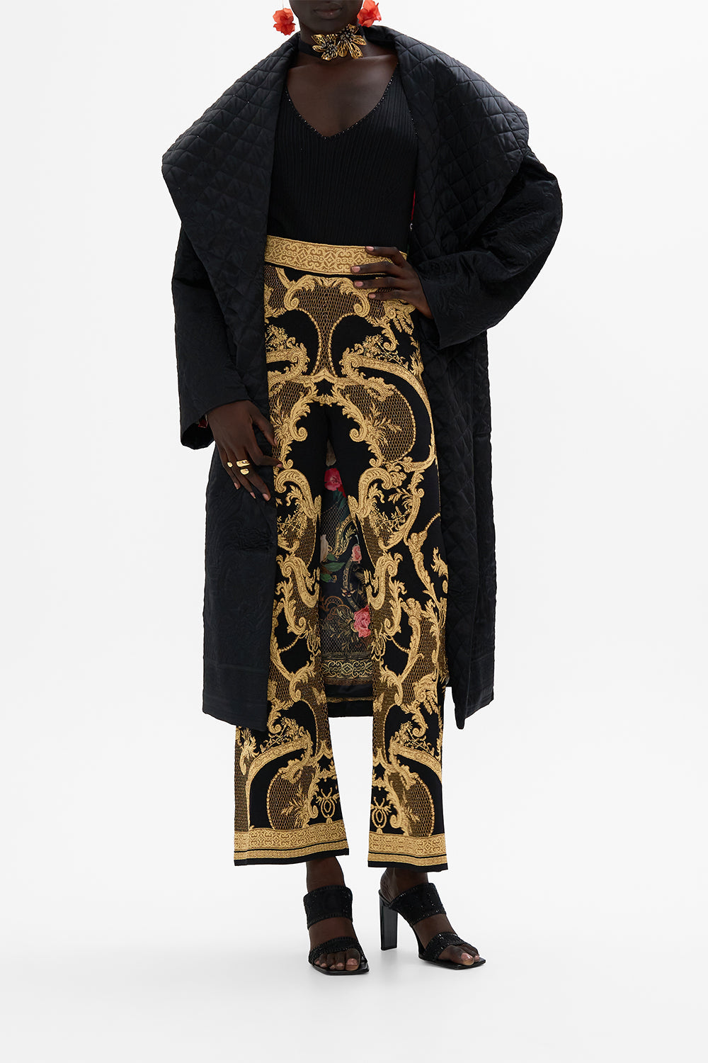 CAMILLA Black Flared Jacquard Knit Pant in Magic in the Manuscripts print
