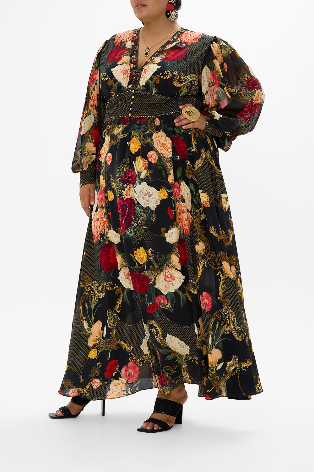CAMILLA Black Shaped Waistband Dress with Gathered Sleeves in Magic in the Manuscripts
