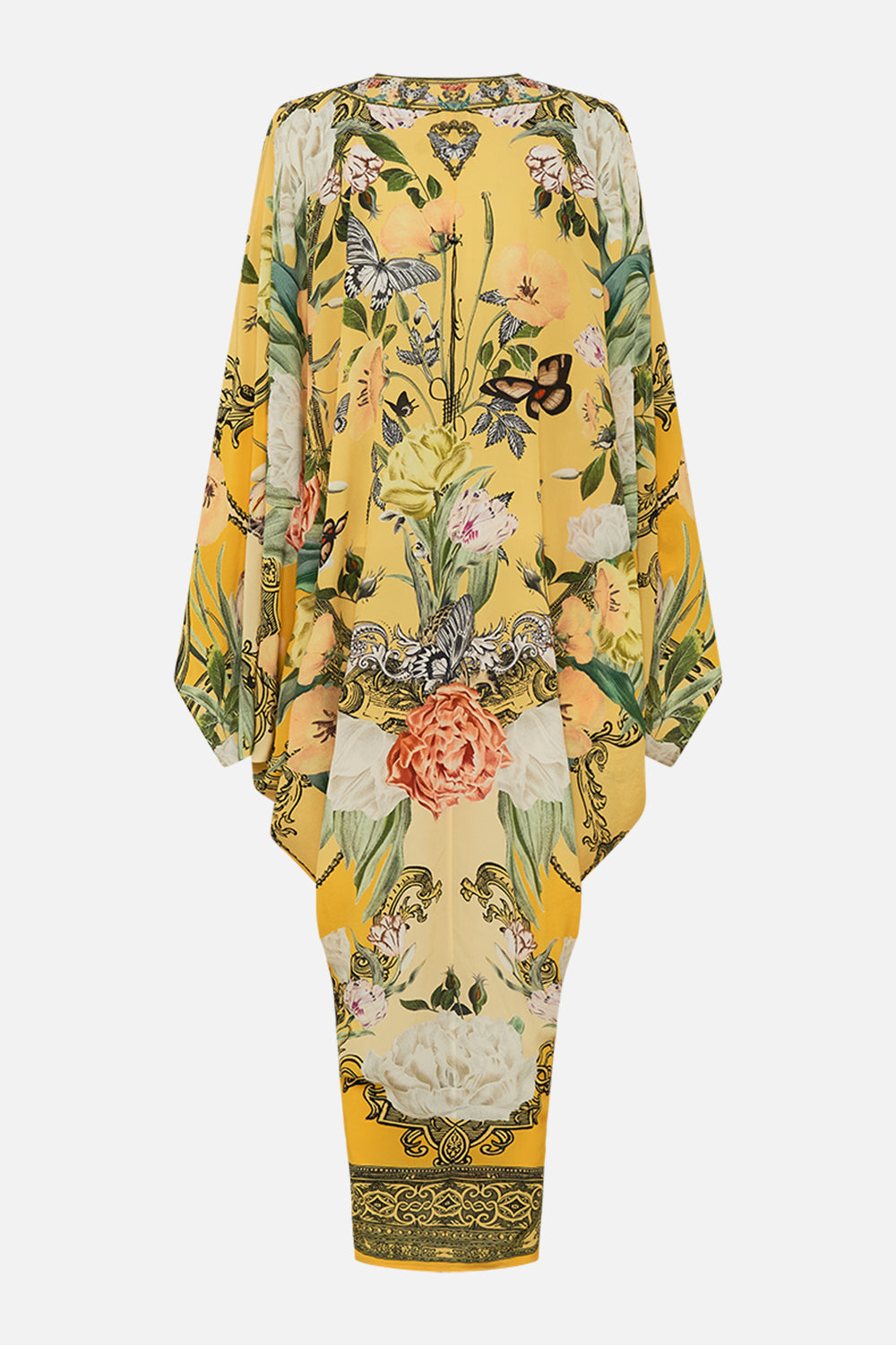 CAMILLA yellow T Shape Long Kaftan in Paths of Gold