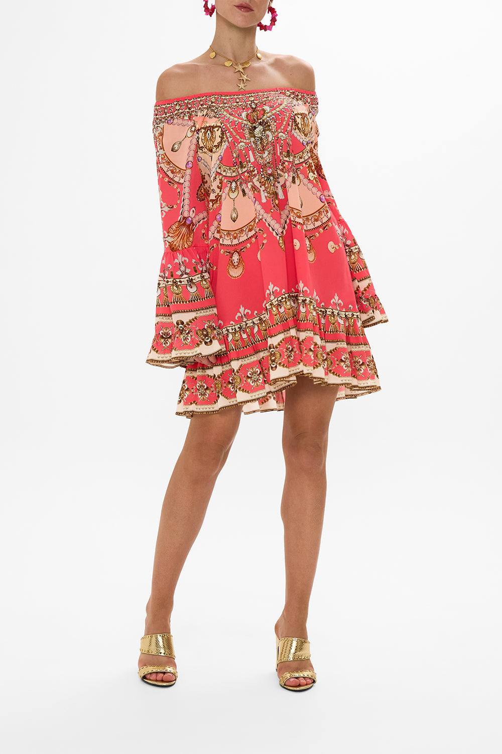 CAMILLA floral blouson blouse with neck tie in Stitched in Time print.