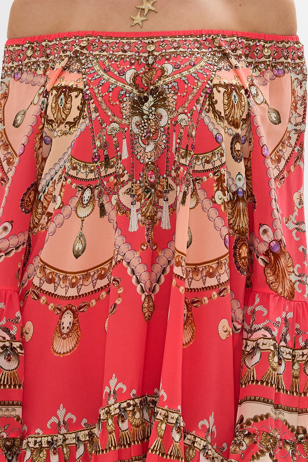 CAMILLA floral blouson blouse with neck tie in Stitched in Time print.