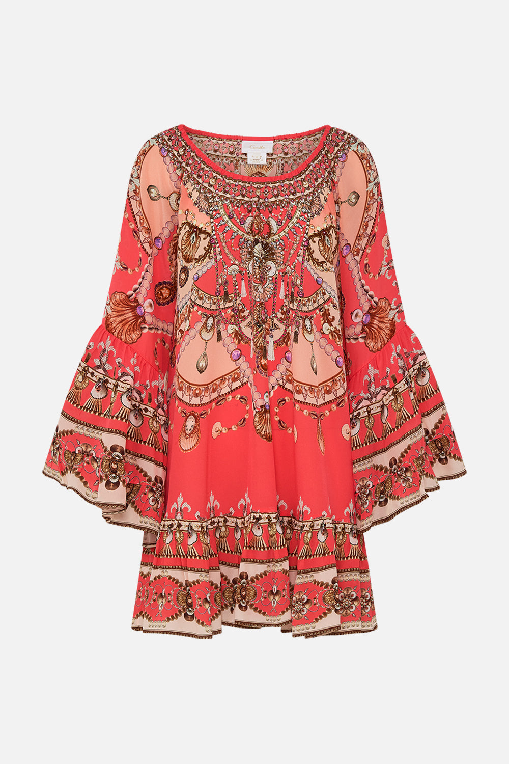 CAMILLA floral blouson blouse with neck tie in Stitched in Time print.