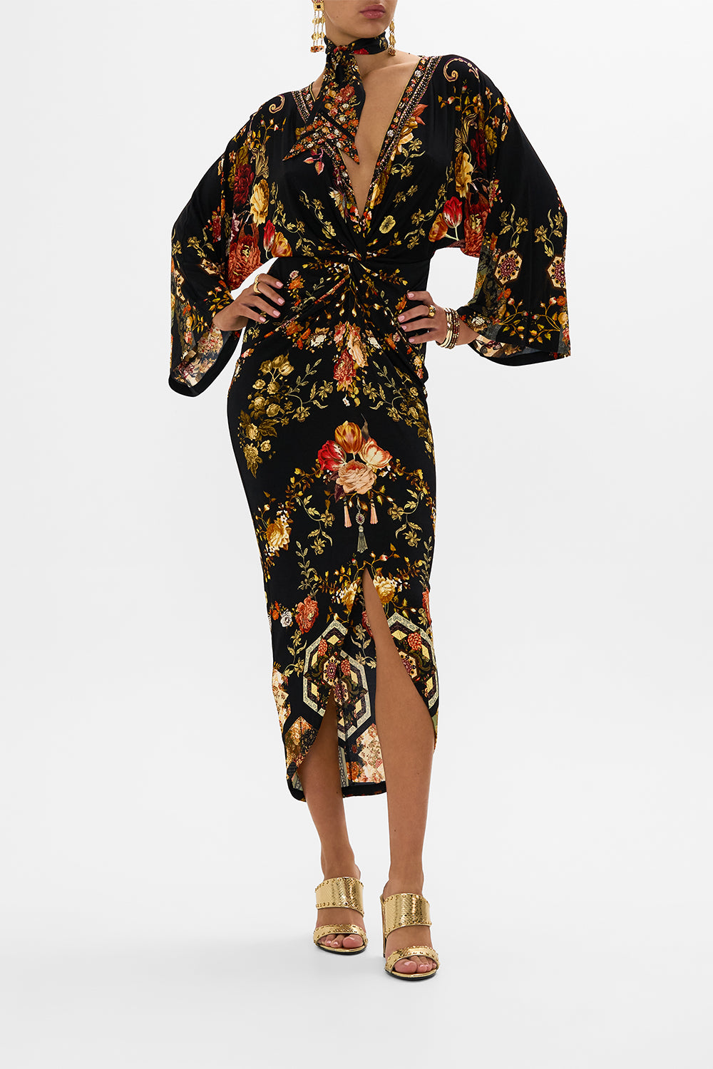 CAMILLA multicolor long split-front twist dress in Stitched In Time print.