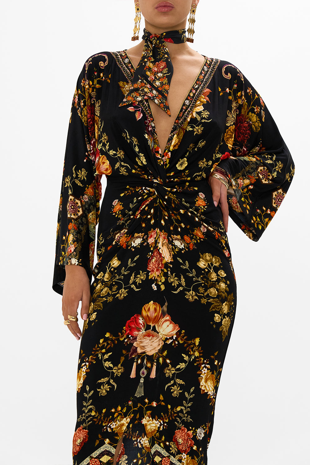 CAMILLA multicolor long split-front twist dress in Stitched In Time print.