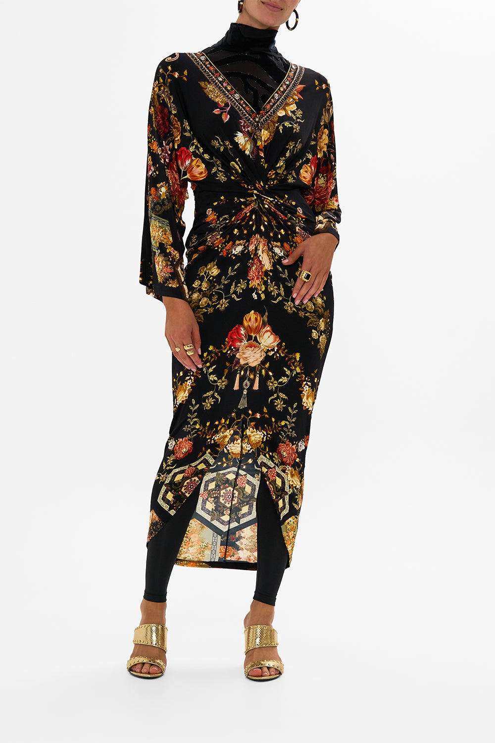 CAMILLA multicolor long split-front twist dress in Stitched In Time print.