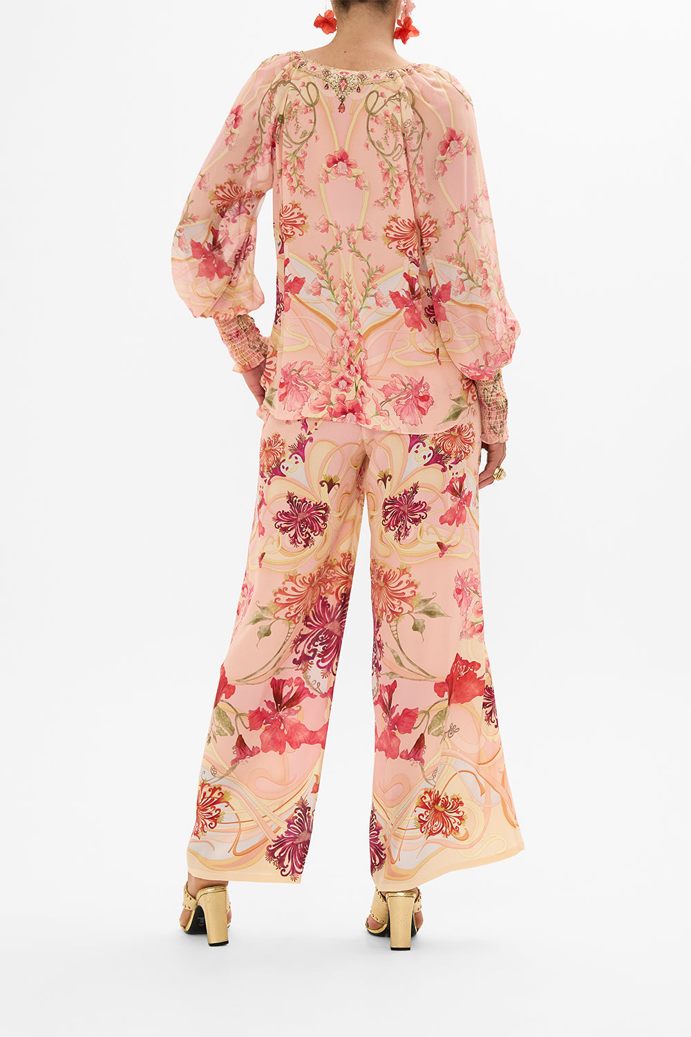 CAMILLA Floral Shirred Cuff Blouse in Blossoms and Brushstrokes print