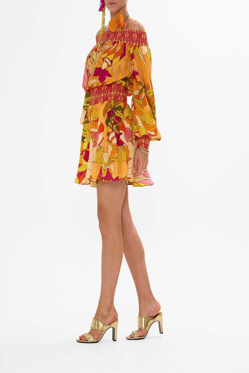 CAMILLA Floral Off Shoulder Short Dress in The Flower Child Society print