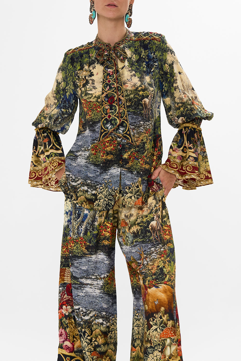 CAMILLA Black Elastic Sleeve Tie Front Blouse in Tapestry Totems print