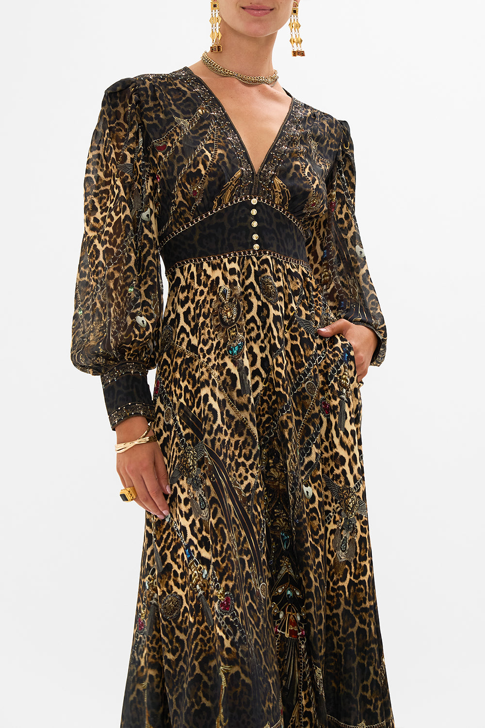 CAMILLA Leopard Shaped Waistband Dress with Gathered Sleeves in Amsterglam