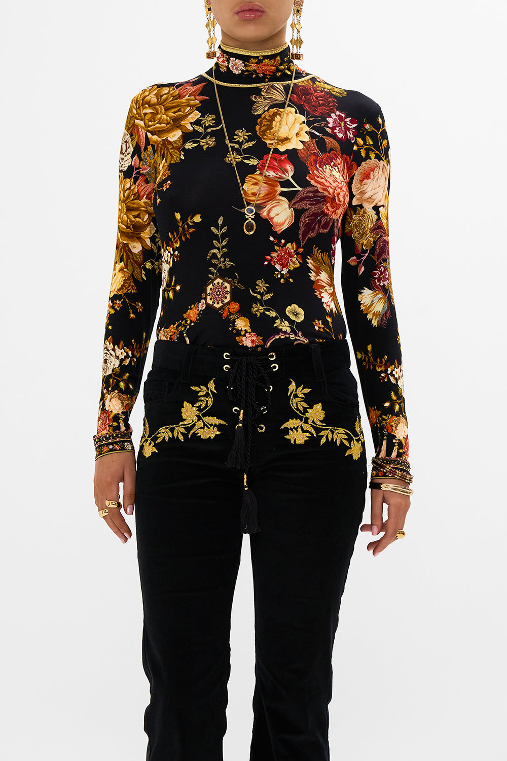 CAMILLA floral jersey turtleneck in Stitched In Time print.